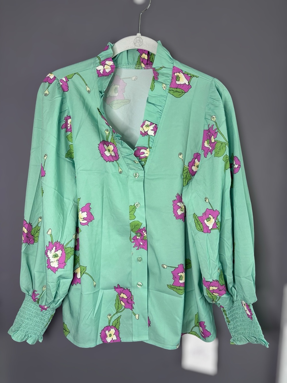 Tankaneo Green Purple Floral Ruffle Blouse Long Sleeve Small